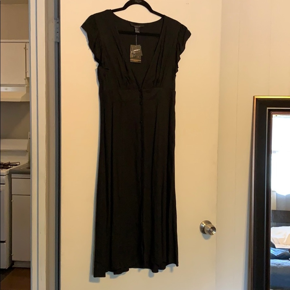 Black deep V button down midi dress